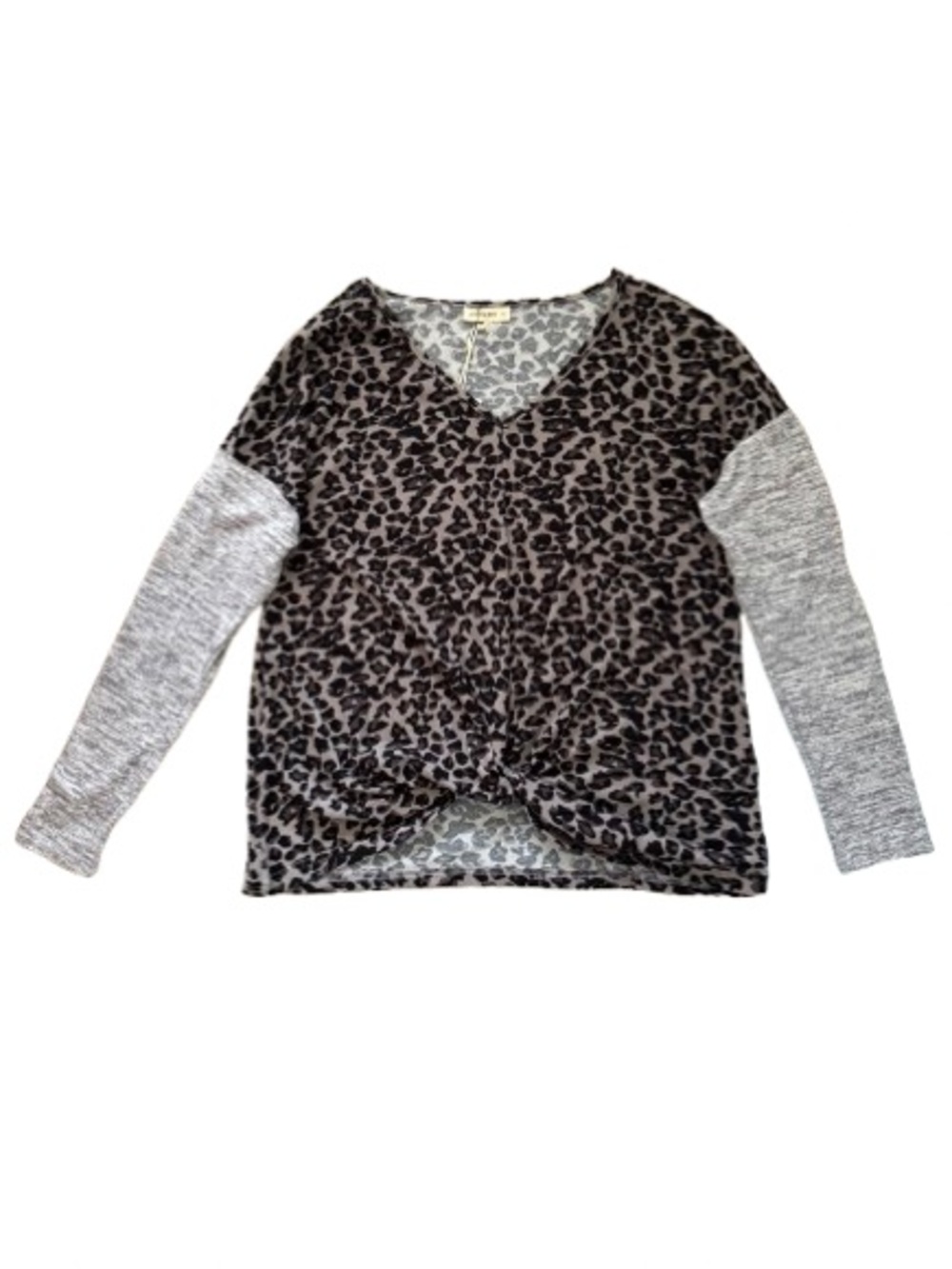 039 And The Why Animal Print Twist Front Contrast Long Sleeve Top
